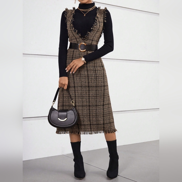 Dresses & Skirts - Plaid Print Raw Trim Overall Dress Without Belt